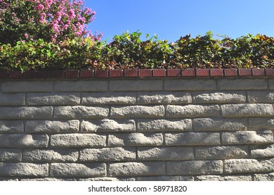 Background Or Texture: Brick Garden Wall With Shrubbery, Pink Blossoms And Clear Blue Sky