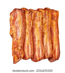 Background texture of fried bacon rashers isolated on white background. Fried pork bacon rashers isolated on white background.