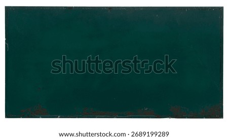 Background and texture of green board. Made from steel and color paint green use for white some text to it. Surface has rust stains.