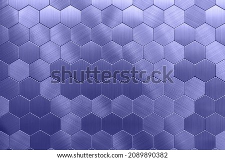 Background and texture of hexagonal multicolored metal tiles. Trendy color of the year 2022. Very peri