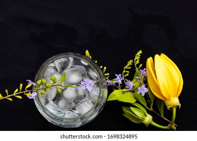 Background Texture Iced ,water In Glass With Purple Flower, Yellow Flowers Ylang Ylang Decoration Postcard Style On Black