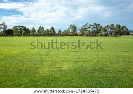 Background texture of a large public local park with green and healthy grass and with some trees and residential houses in the distance. Melbourne, VIC Australia