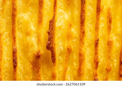 A background with the texture of mashed potatoes baked until golden brown in the oven. Close-up, macro photography. Use for menu and banner. High quality photo