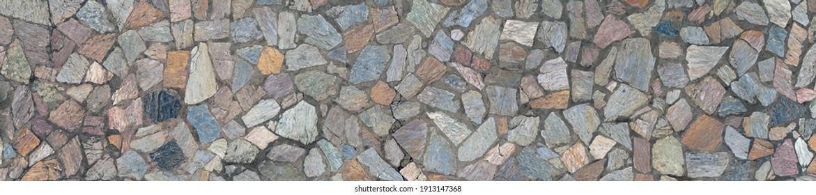 Background texture of mosaics are adorned with colored stone surfaces connected with cement-concrete cement. - Shutterstock ID 1913147368