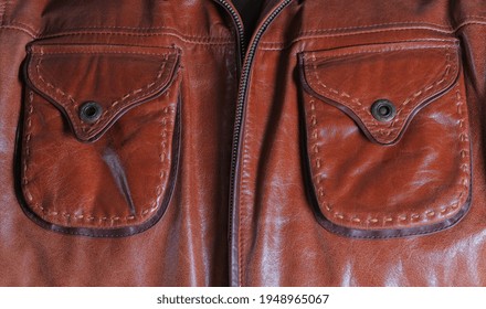 Background, Texture. Patch Pocket On Ginger Leather Jacket. High Quality Photo