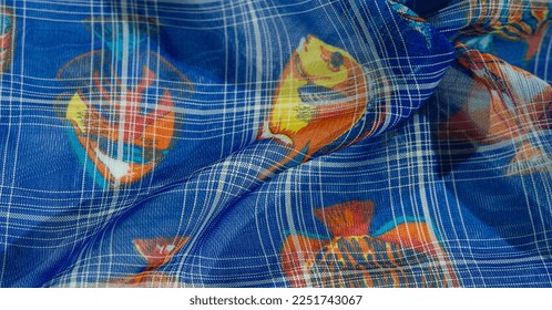 background texture, pattern collection, navy blue silk fabric, fish with a coral reef, children's art