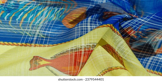 background texture, pattern collection, navy blue silk fabric, fish with a coral reef, children's art
