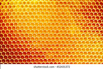Background texture and pattern of a section of wax honeycomb from a bee hive filled with golden honey in a full frame view - Shutterstock ID 452431372