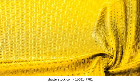 Background texture, pattern. Yellow, mustard silk fabric with a small checkered pattern. Muffled yellow braided with subtitles with sparkles - a bright chart-plot design. Individual pieces.