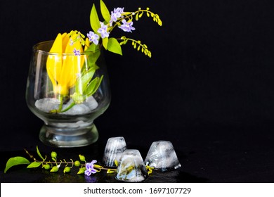 Background Texture Purple Flower ,yellow Flower Ylang Ylang And Iced Water In Glass Arrangement Flat Lay Postcard Style On Black