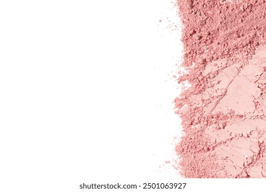 Background texture swatches of cosmetic pink clay kaolin, shadows, blush powder on a white isolated background. Natural face mask. Dry matcha tea