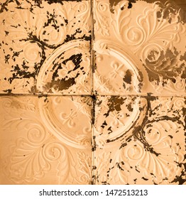 Background Texture-ornate Abandoned Vintage Tin And Copper Ceiling Squares