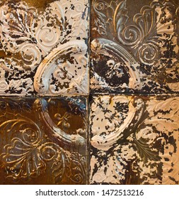 Background Texture-ornate Abandoned Vintage Tin And Copper Ceiling Squares