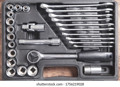 Background of a toolbox. Wrenches of different sizes