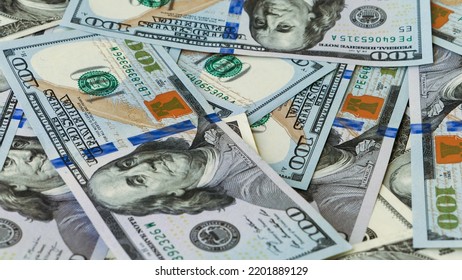 Background Of US Currency Banknotes Financial Concept Money Background Hundred Dollar Bills Top View Close Up