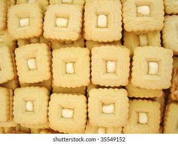 A background of vanilla cream sandwich biscuits - Shutterstock ID 35549152