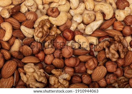 Background of various nuts. Top view.