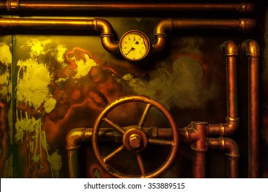 background vintage steampunk from steam pipes and pressure gauge