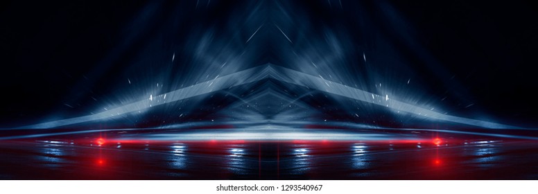 Background wall with neon lines and rays. Background of an empty dark corridor, parking, airport with neon light. Abstract background with lines and glow. Wet asphalt, the reflection of neon lights in - Powered by Shutterstock