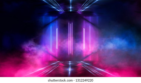 Background wall with neon lines and rays. Background dark corridor with neon light. Abstract background with lines and glow. Wet asphalt, neon smoke.