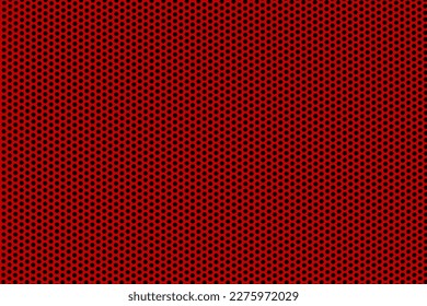 Background of wavy red metallic grid with holes. Metal mesh as background. Perforated metal back. 