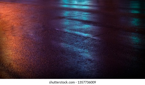 Background Of Wet Asphalt With Neon Light. Blurred Background, Night Lights, Reflection. Night City, Dark Street.