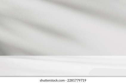 Background White Studio Wall Surface Texture with Light and Shadow Leaves on Cement floor Background,Empty Kitchen Display Room with Podium or Top Bar,Backdrop background Cosmetic Product Presentation