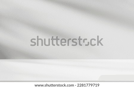 Background White Studio Wall Surface Texture with Light and Shadow Leaves on Cement floor Background,Empty Kitchen Display Room with Podium or Top Bar,Backdrop background Cosmetic Product Presentation