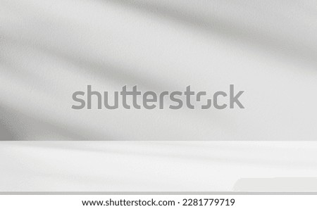 Background White Wall, Studio Kitchen Room with Light, Shadow on Floor.Empty Grey Podium for Product. 3d Backdrop Kitchen interior mock up display.Minimal podium mockup and blur abstract gradient banner space presentation