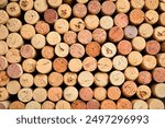 Background of wine corks. A set of red and white wine corks. Top view.