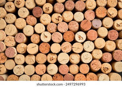 Background of wine corks. A set of red and white wine corks. Top view.