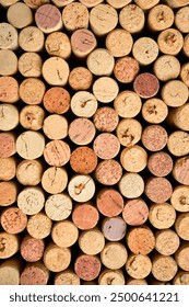 Background of wine corks. A set of red and white wine corks. Top view.