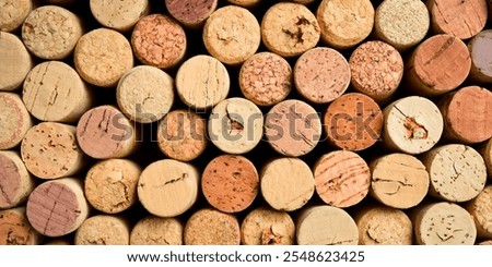Background of wine corks. A set of red and white wine corks. Top view.