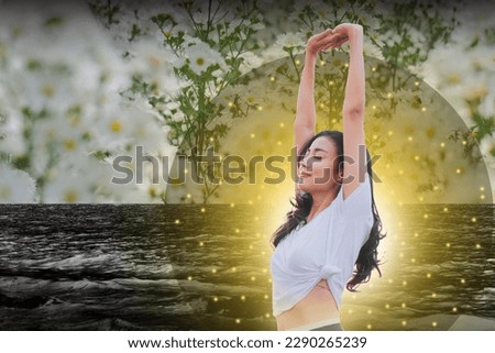 A background of woman meditate, dreamy, claming graphing. Concept of euphoria, Spiritual, connection, healing, mindfulness, mystery, psyhedellic bright light, holictic, drug and exploration magical.