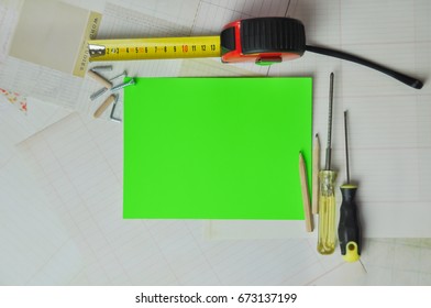 background working desk, meter  with copy space, tools and tablet