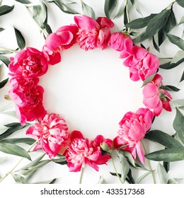 Background wreath frame with peonies. Flat lay, top view Stock Photo