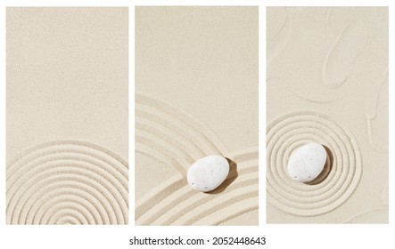 Background With Zen Stone On Sand. Zen Garden With Concentric Circles Around Pebble For Meditation And Tranquility. View From Above. Vertical Banner Mock Up For Social Media Stories.