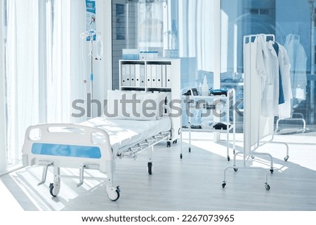 Backgrounds of empty patient room, bed and private healthcare facility, hospital and medical center of consulting, healing and rehabilitation. Furniture interior, clinic bedroom and health care space