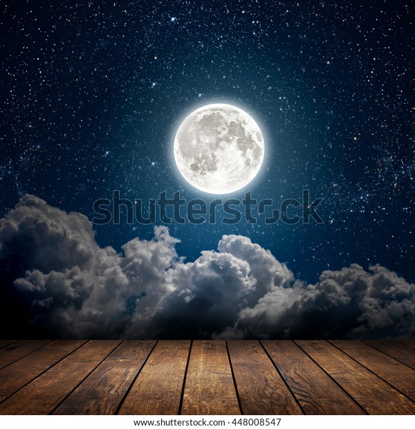 backgrounds night sky with stars,\
moon and clouds. wood floor. Elements of this image furnished by\
NASA