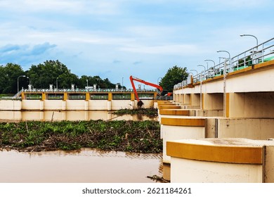 Retroescavadeira Despejo Jacinto de água. Trator funcionando. Máquinas de eliminação e coleta jacinto de água do rio na barragem. Backhoe fonte limpa rio lagoa água jacinto. Máquinas de remoção de jacinto de água.