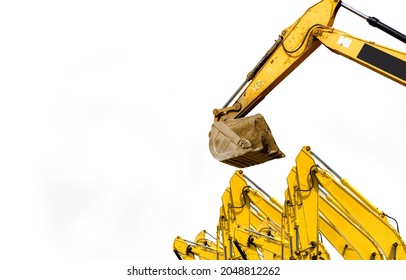 Backhoe with hydraulic piston arm isolated on white background. Backhoe bucket loading soil. Digger machine. Hydraulic machinery. Bulldozer or excavator machine. Excavator for sale and rent business.