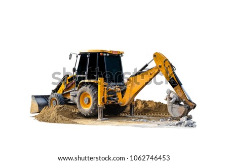 Backhoe loader truck digging sand and stone  isolated on white background with clipping path.