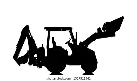 Backhoe Tractor Silhouette, Isolated On White Background