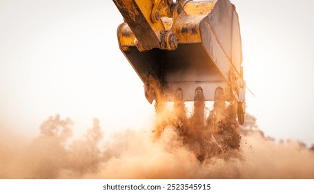 Backhoe working by digging soil at construction site bucket of crawler excavator breaking ground for new development project earth moving machine in action. Foundation work on construction project.