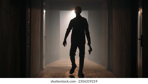 backlighting of a man in the dark of a foggy night and a light behind the model. criminal carrying an axe in hallway of old house. Maniac carrying a murderous weapon escaping from crime scene