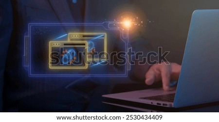 Backlink concept, a link created when one website links to another. Businessman shows glowing neon line of Backlink icon on virtual screen.