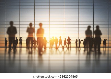 Backlit Crowd Of Businesspeople Working Together In Bright Office Interior With Sunlight. Teamwork And Corporate Workplace Concept. Double Exposure