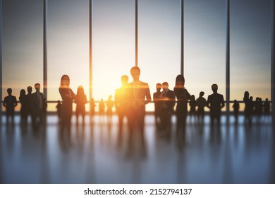 Backlit Crowd Of Businesspeople Working Together In Office Interior With Sunlight. Teamwork And Corporate Workplace Concept. Double Exposure