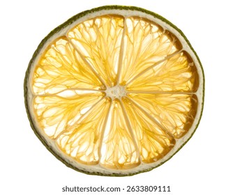 Backlit dried lime slice close up isolated on transparent background, showing its texture