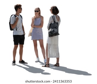 Backlit group of three friends standing outside in summer and talking isolated on white background - Powered by Shutterstock